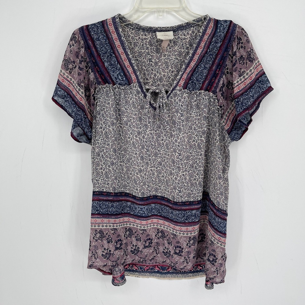 Knox Rose Womens Purple Floral Paisley Tassel Tie Neck Sheer Boho Blouse Size XL